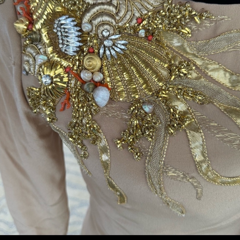 Vintage Carolyne Roehm Hand beaded Beige Dress with Coral and shell details - Picture 2 of 3